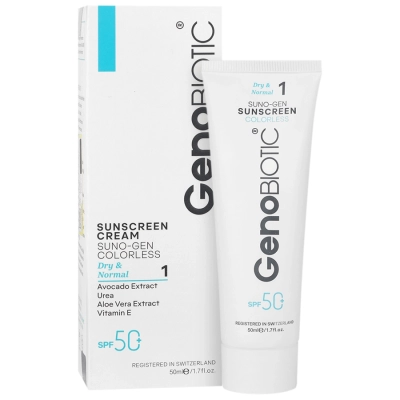 کرم ضد آفتاب بی رنگ مناسب پوست خشک و معمولی با +SPF50 ژنوبایوتیک